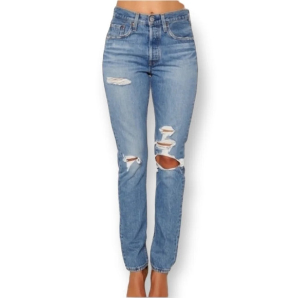 Levi's Premium 501 Skinny Jeans Nice as Pie Blue Distressed High Rise Ankle 28 - Picture 1 of 16